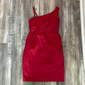 David's Bridal red one shoulder midi dress